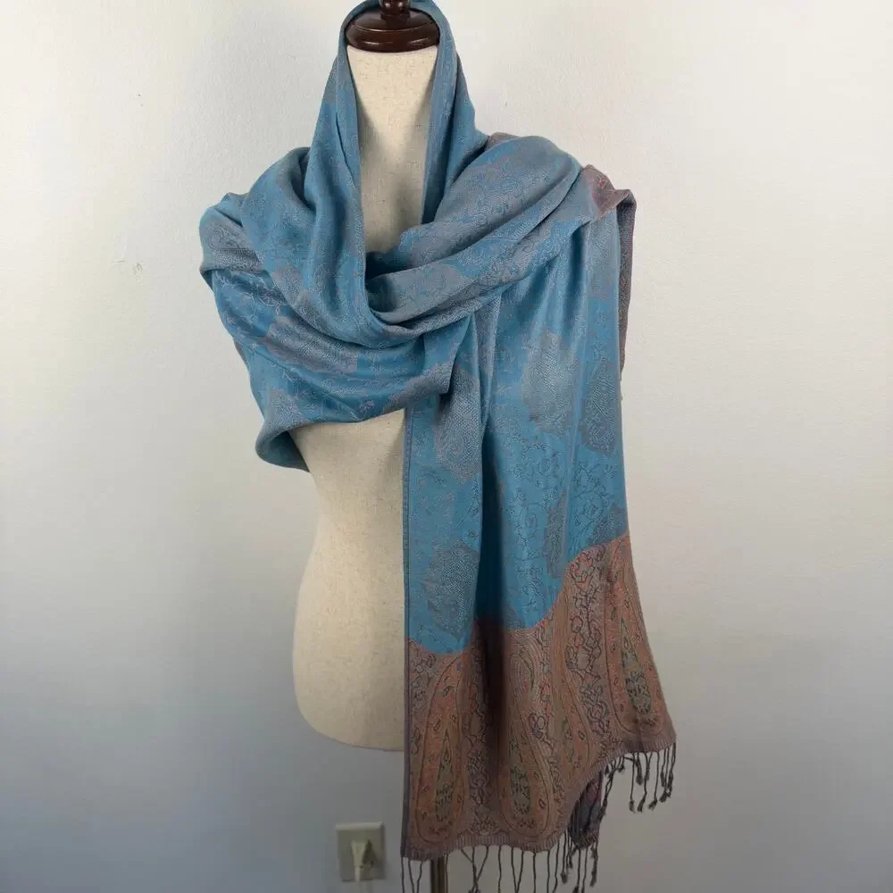 Pashmina Blue Orange Fringe Paisley Lightweight Long Scarf Shawl Floral Soft